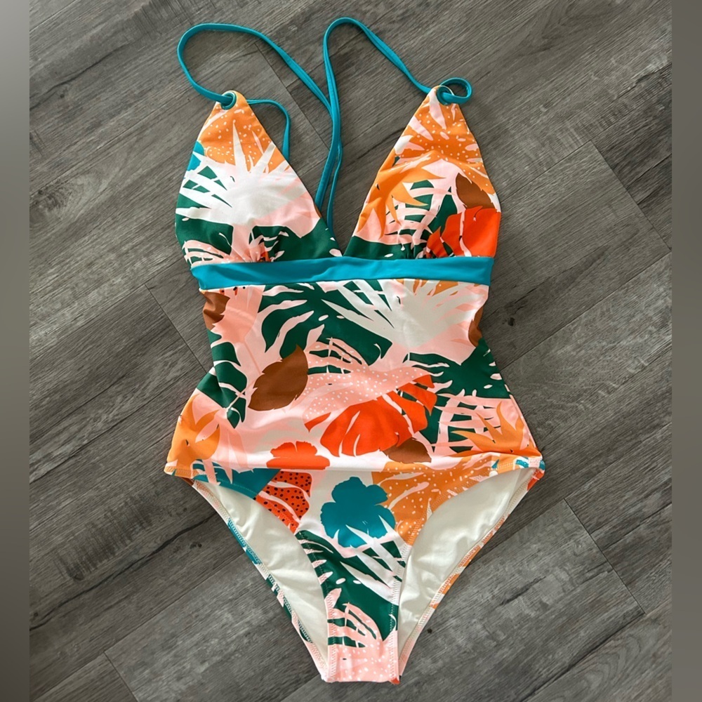 Cupshe Tropical Leaf Print One-Piece Swimsuit in Teal, Orange, Pink, White